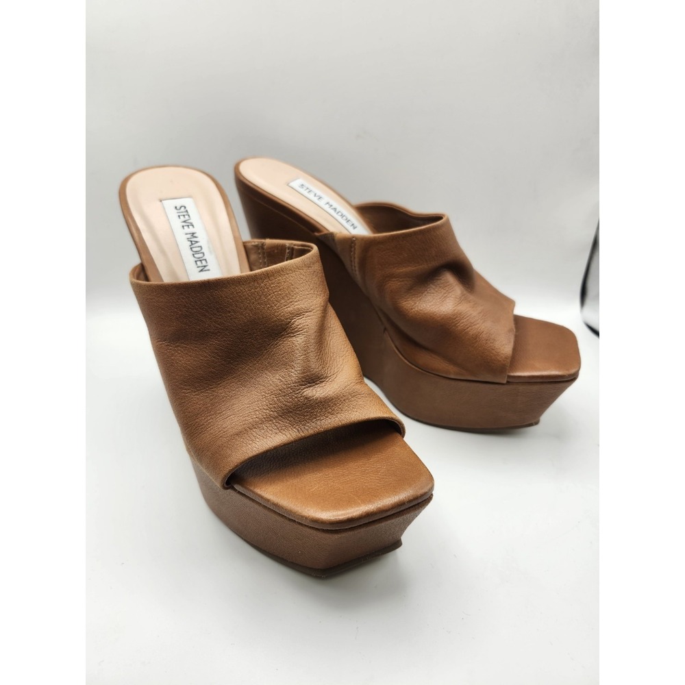 Steve Madden Platform Wedge Slide Sandals Tan Leather Open Toe Women's Size 6.5M